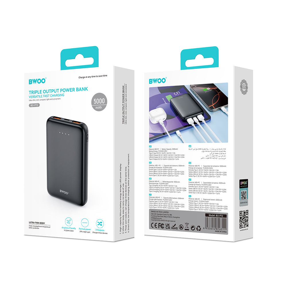 BWOO power bank P72 QC 22.5W PD 20W 5000 mAh with 2 x USB-A ports 1 x USB-C port black