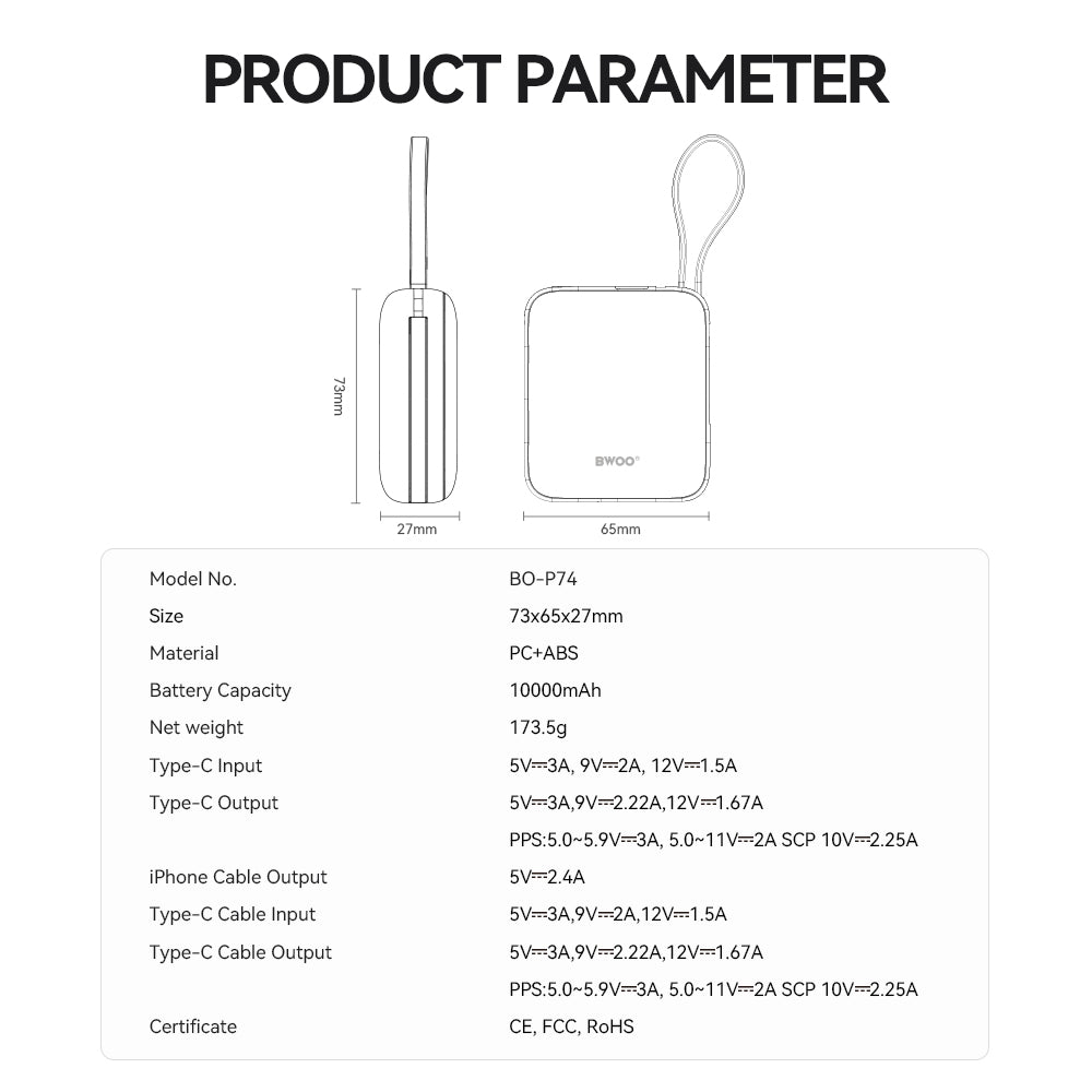 Chargeur BWOO P74 22.5W 10000 mAh câbles intégrés USB-C Lightning noir