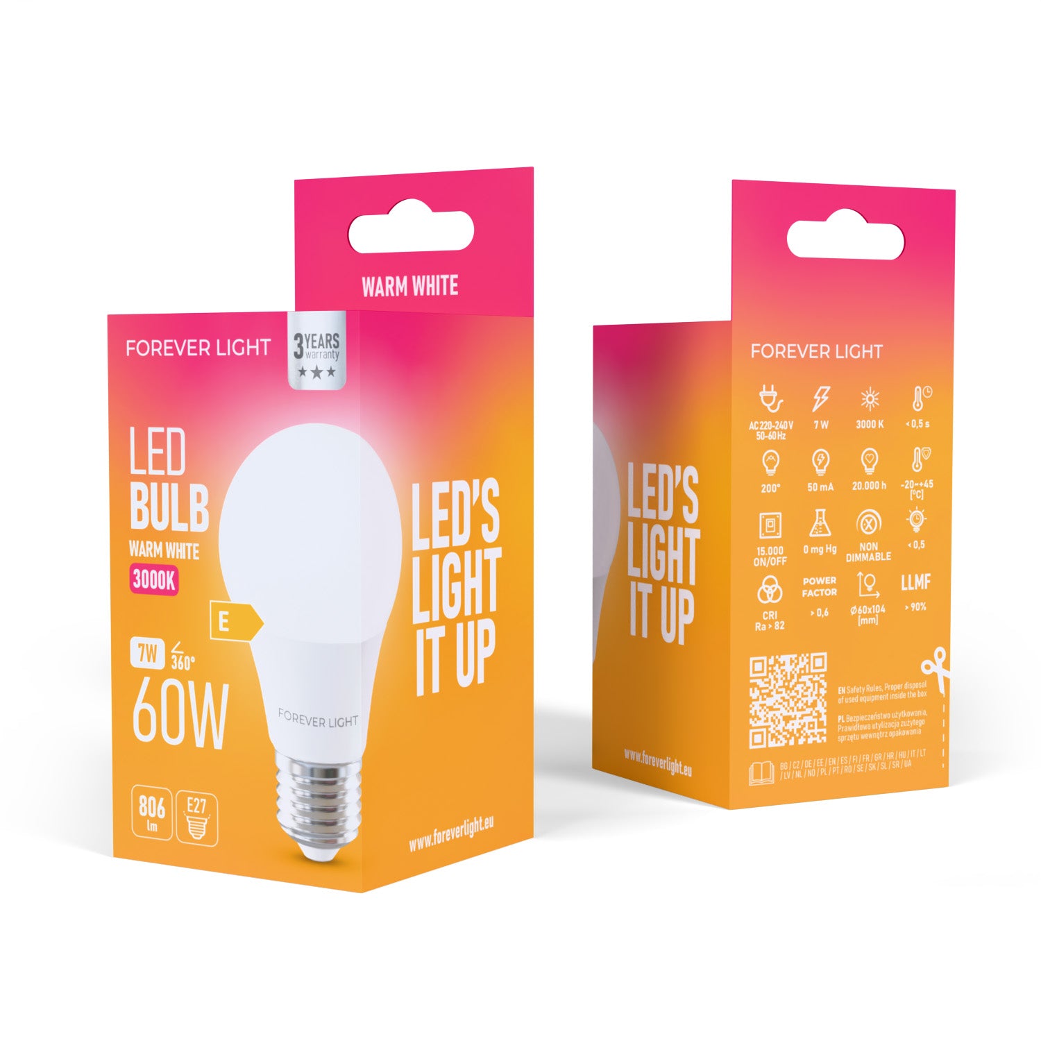 Ampoule LED E27 A60 7W 806lm 3000K Classe E Forever Light