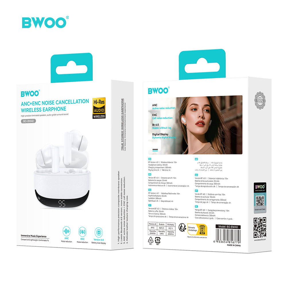 Écouteurs BWOO BW40 TWS — ANC, Bluetooth 5.3, Écran LCD