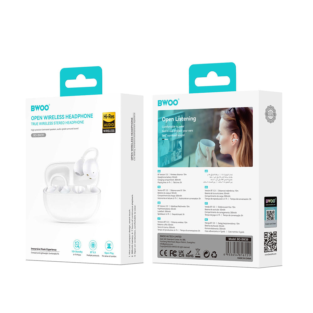 Écouteurs BWOO BW39 TWS — Bluetooth 5.3, clip ouvert, 8h