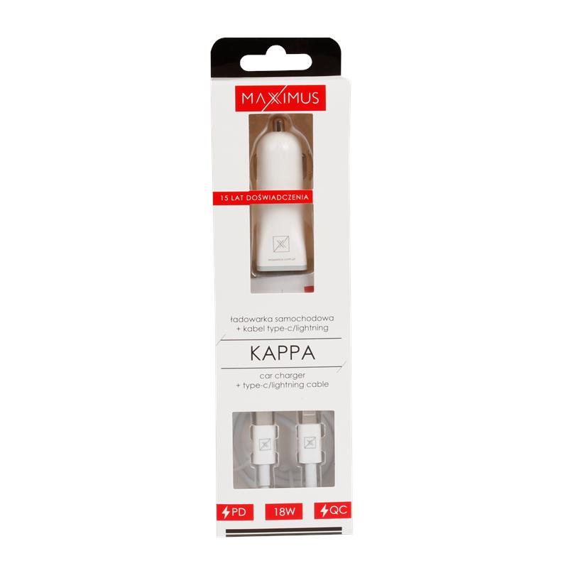 Chargeur Voiture Maxximus MX Kappa 18W — Dual USB-A/USB-C + Câble Type-C/Lightning 20W Blanc