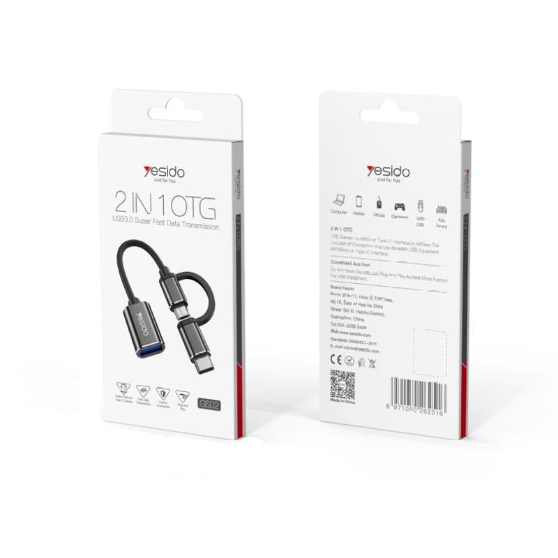 YESIDO ADAPTER OTG GS02 2IN1 TYPE-C/MICRO MALE - USB FEMALE 10CM BLACK
