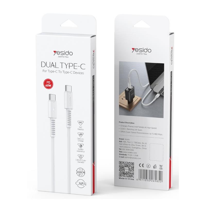 YESIDO CABLE CA154 PD 60W TYPE-C/TYPE-C 1M PVC 3A WHITE