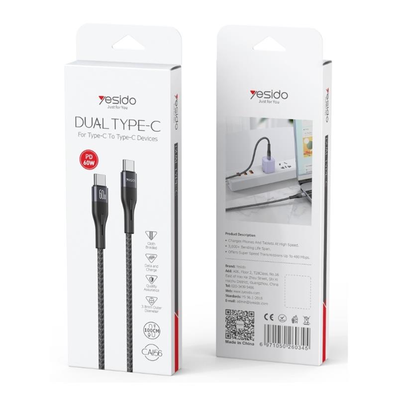 YESIDO CABLE CA156 PD 60W TYPE-C/TYPE-C 1M 3A BLACK