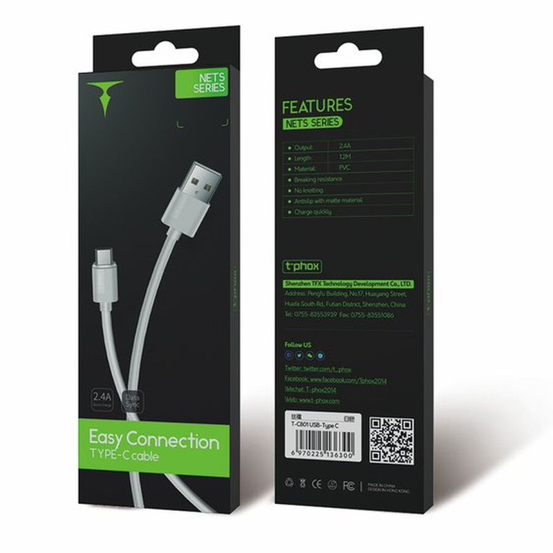 CABLE T-PHOX NETS TYPE-C WHITE 3A ; PVC ; 1,2M