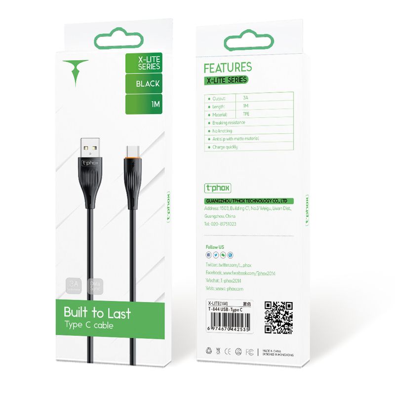 T-PHOX CABLE X-LITE TYPE-C BLACK 1M 3A