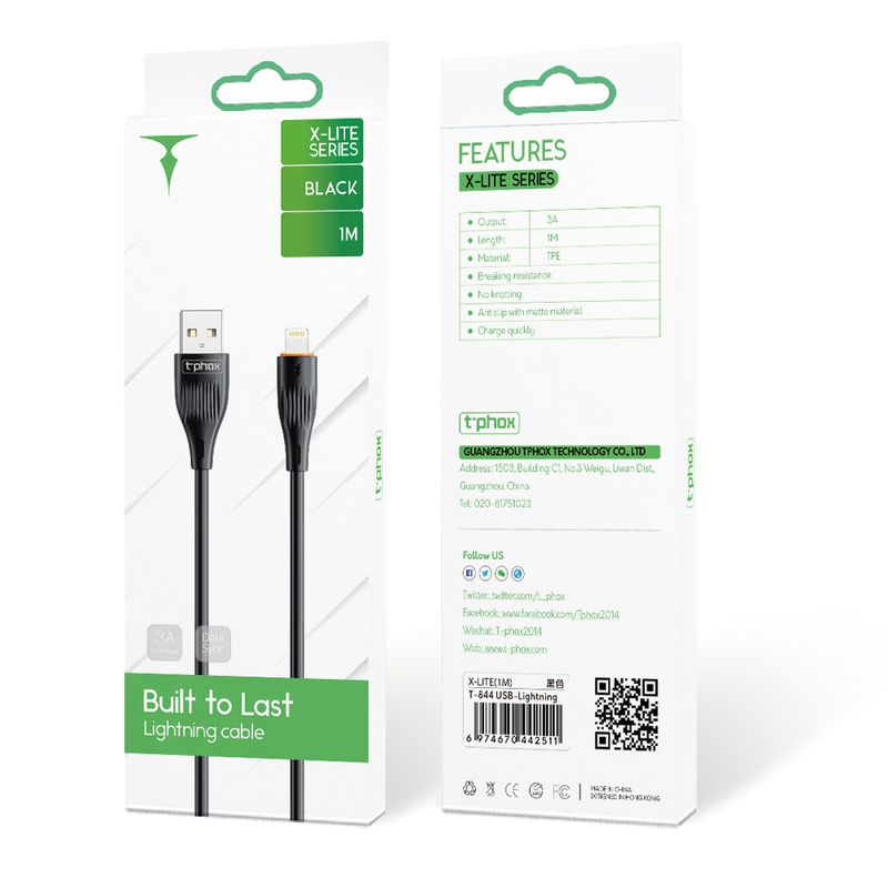 T-PHOX CABLE X-LITE LIGHTNING BLACK 1M 3A