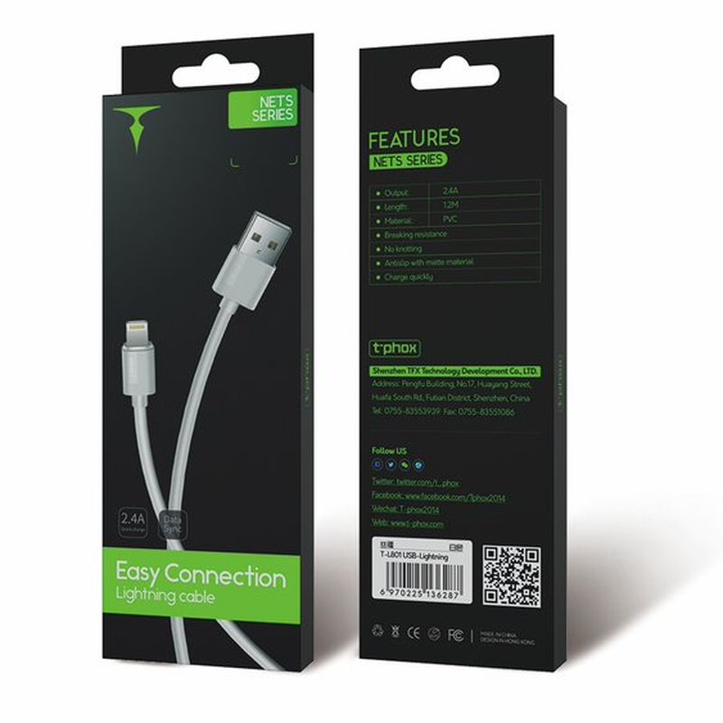 CABLE T-PHOX NETS LIGHTNING WHITE 3A ; PVC ; 1,2M