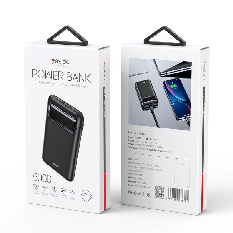 yesido Powerbank YP33 5 000 mAh LED, 2xUSB-A + USB-C BLACK