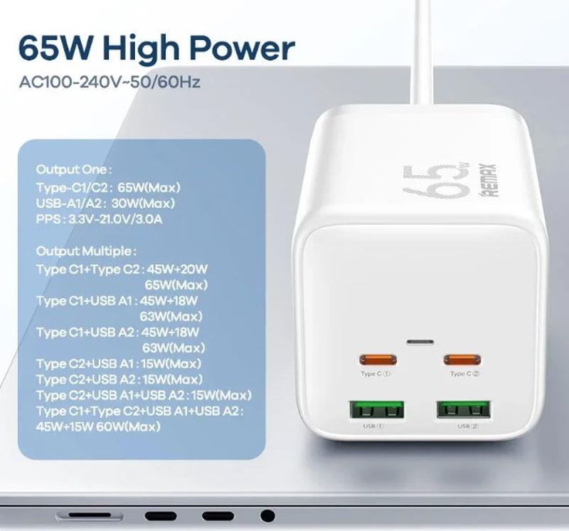 REMAX GAN POWER STRIP 65W RP-U157 2xUSB+2xUSB-C 1.5M WHITE