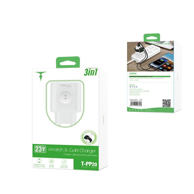 WALL CHARGER T-PHOX T-PP20 GAN iWATCH 3IN1 WHITE