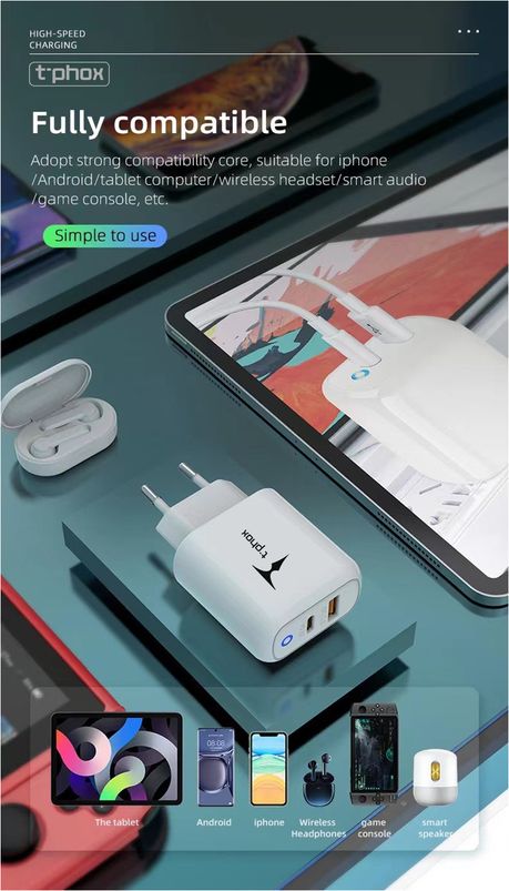 WALL CHARGER T-PHOX GLORY 45W USB/USB-C WHITE
