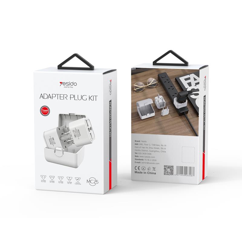 YESIDO UNIVERSAL ADAPTER MC25 750W 3A UK/EU/US/AU WHITE