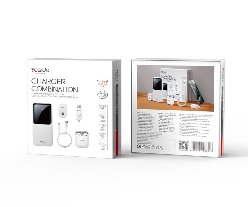 YESIDO POWERBANK CG10 EU 10 000mAh LED ( 5IN1 GIFT SET) WHITE