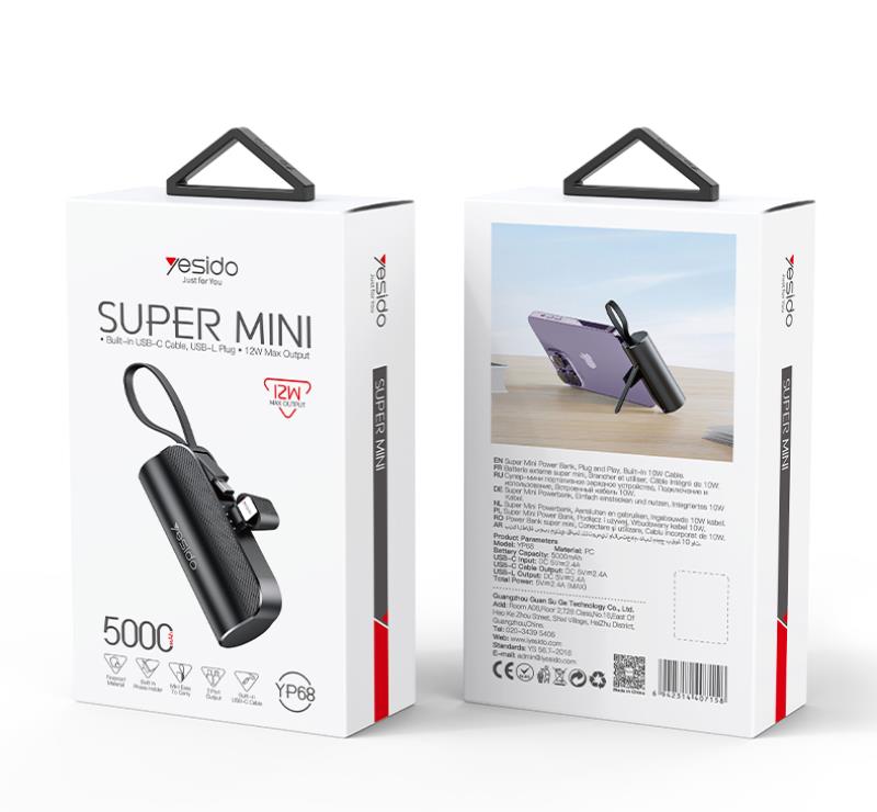 YESIDO POWERBANK YP68 5000 mAh 12W + USB-C CABLE, LIGHTNING CONNECTOR BLACK