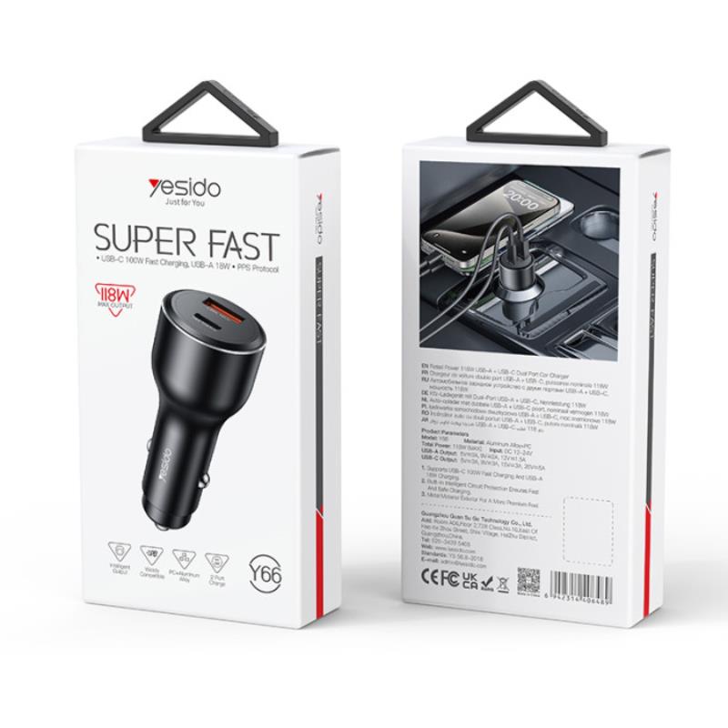 YESIDO CAR CHARGER Y65 118W QC3.0 USB-A+C BLACK