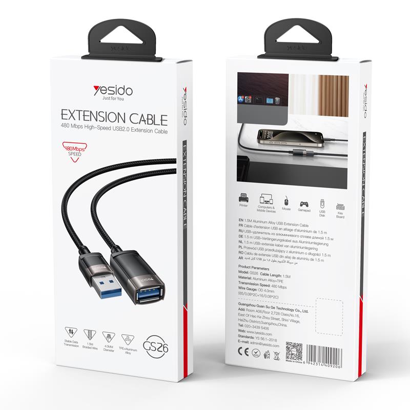 YESIDO CABLE GS26 USB MALE-USB FEMALE 1,5M USB 2.0 BLACK
