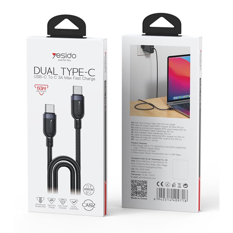 YESIDO CABLE CA192 60W TYPE-C/TYPE-C 2M 3A BLACK