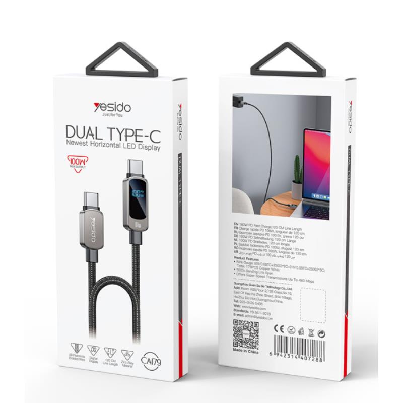 YESIDO CABLE CA179 LED TYPE-C/TYPE-C 1.2M 5A BLACK