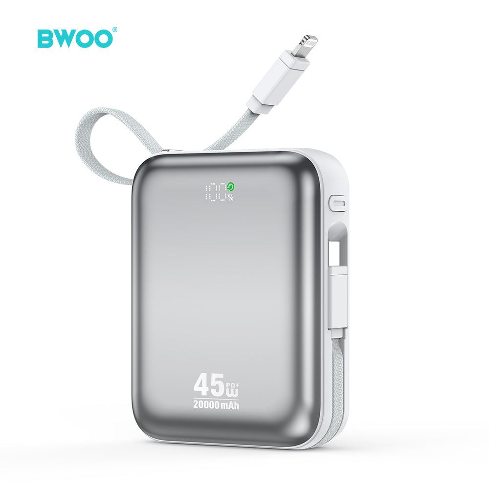 Chargeur portable BWOO 20000mAh PD45W 2 câbles USB-C Lightning P78 argent