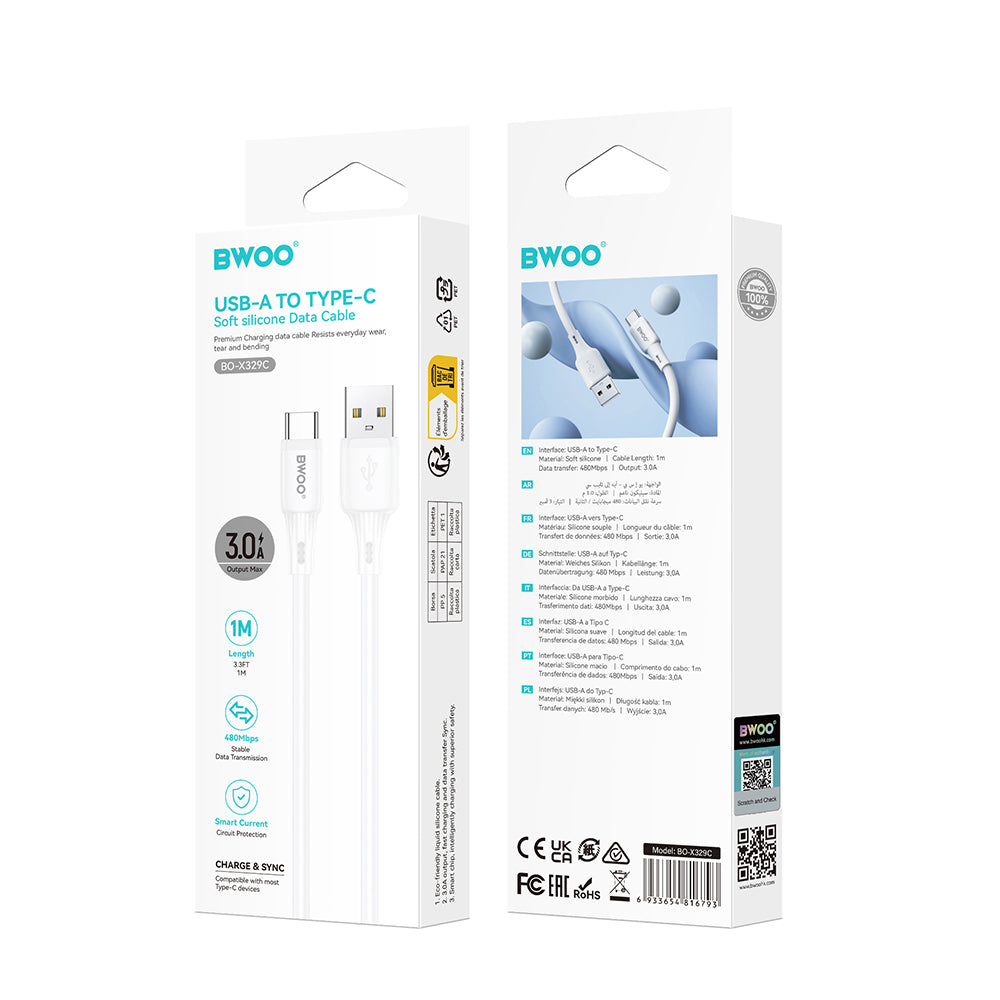 BWOO 3A silicone cable X329C USB - USB-C 1m white