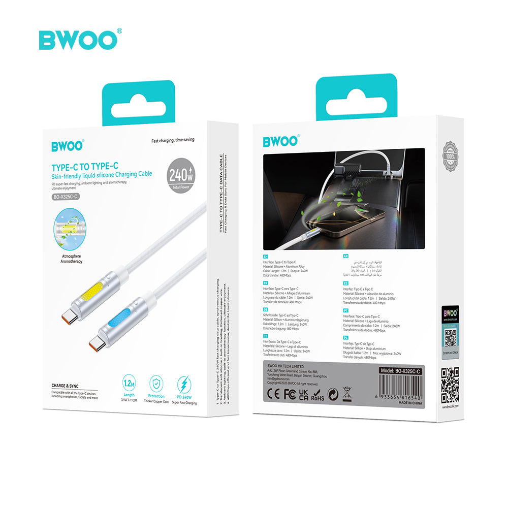 BWOO 240W Super Fast Charging Data Cable With RGB Light White X325C-C
