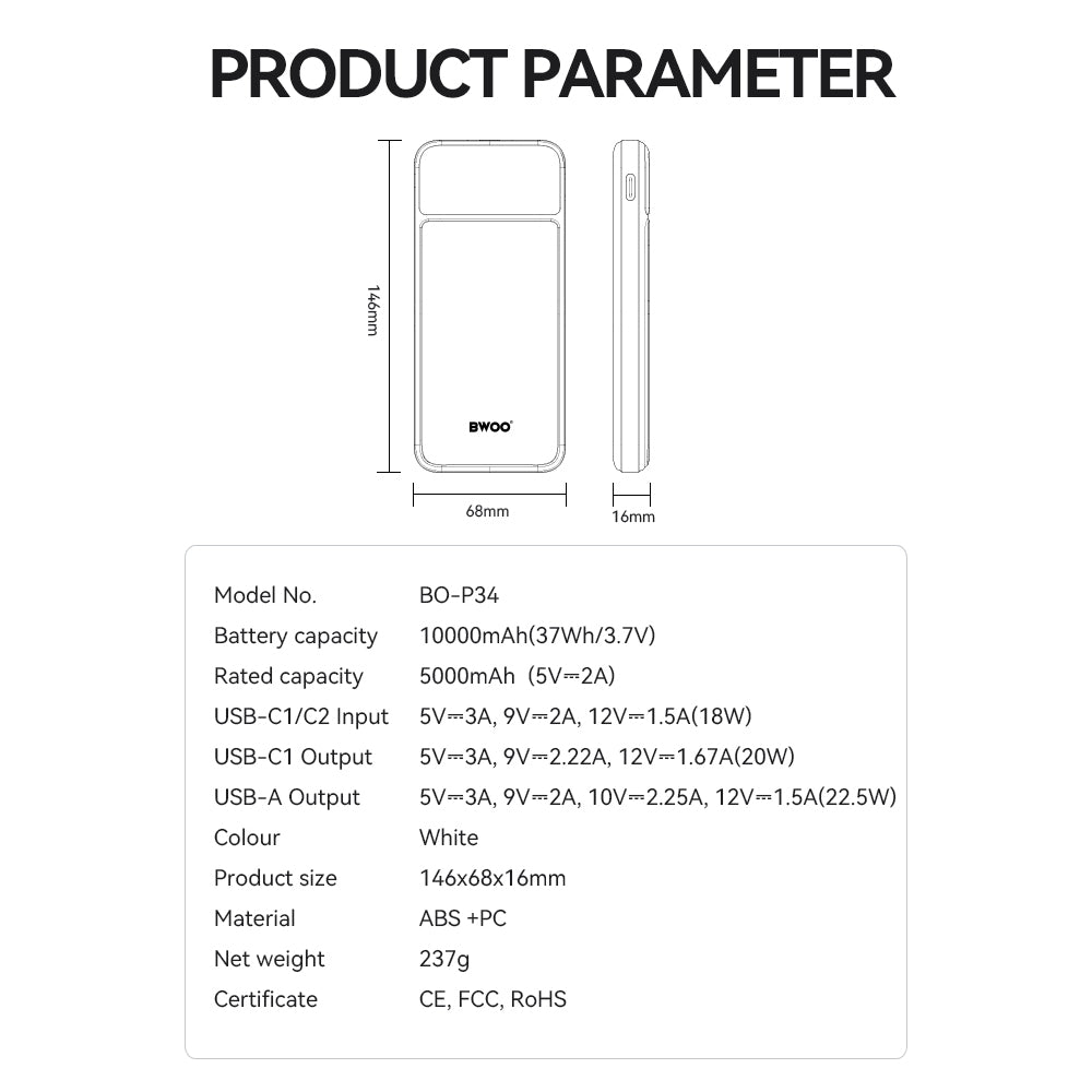 BWOO Ultra thin 22,5W 10000 mAh power bank, white