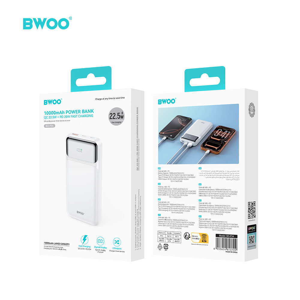 BWOO Ultra thin 22,5W 10000 mAh power bank, white