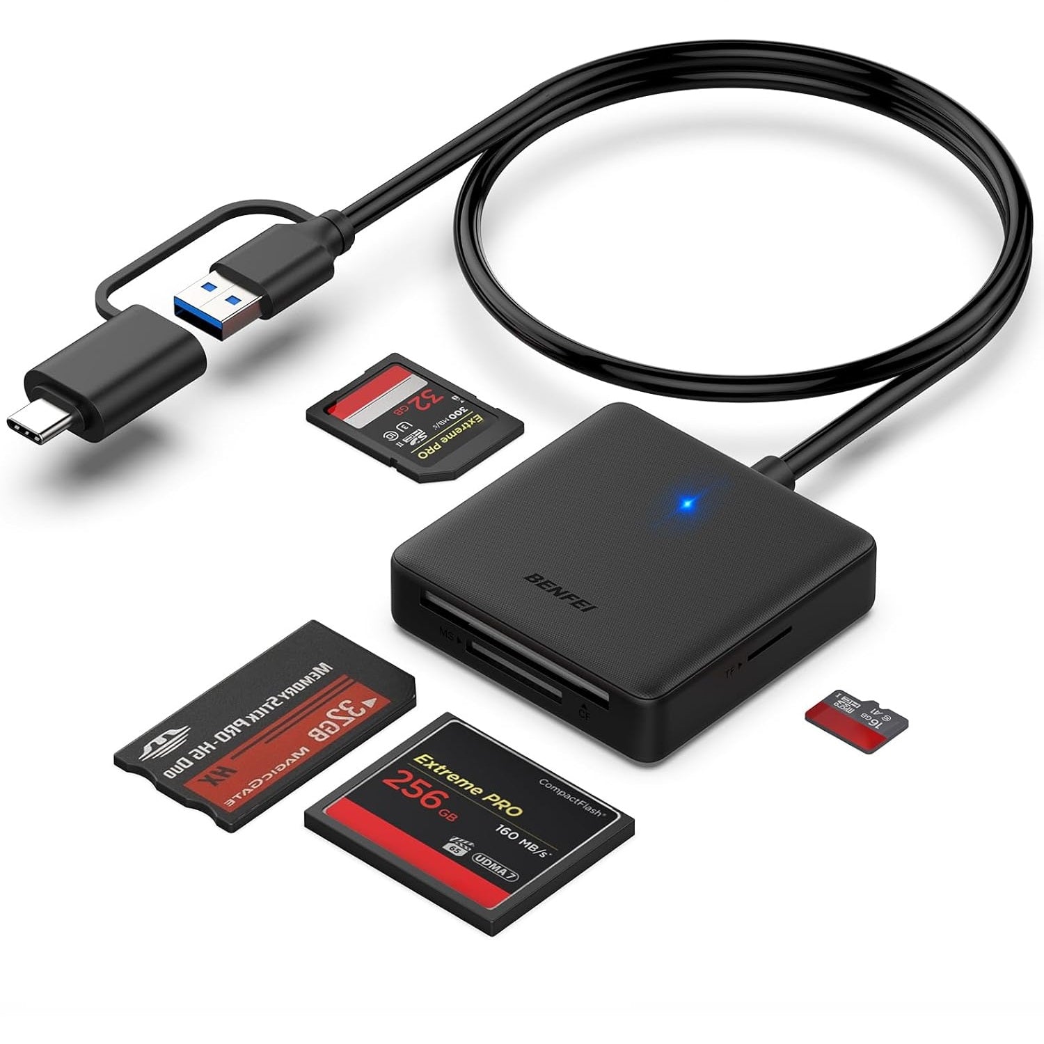 BENFEI card reader 4 in 1 USB-C USB-A 3.0 for SD Micro SD MS CF black