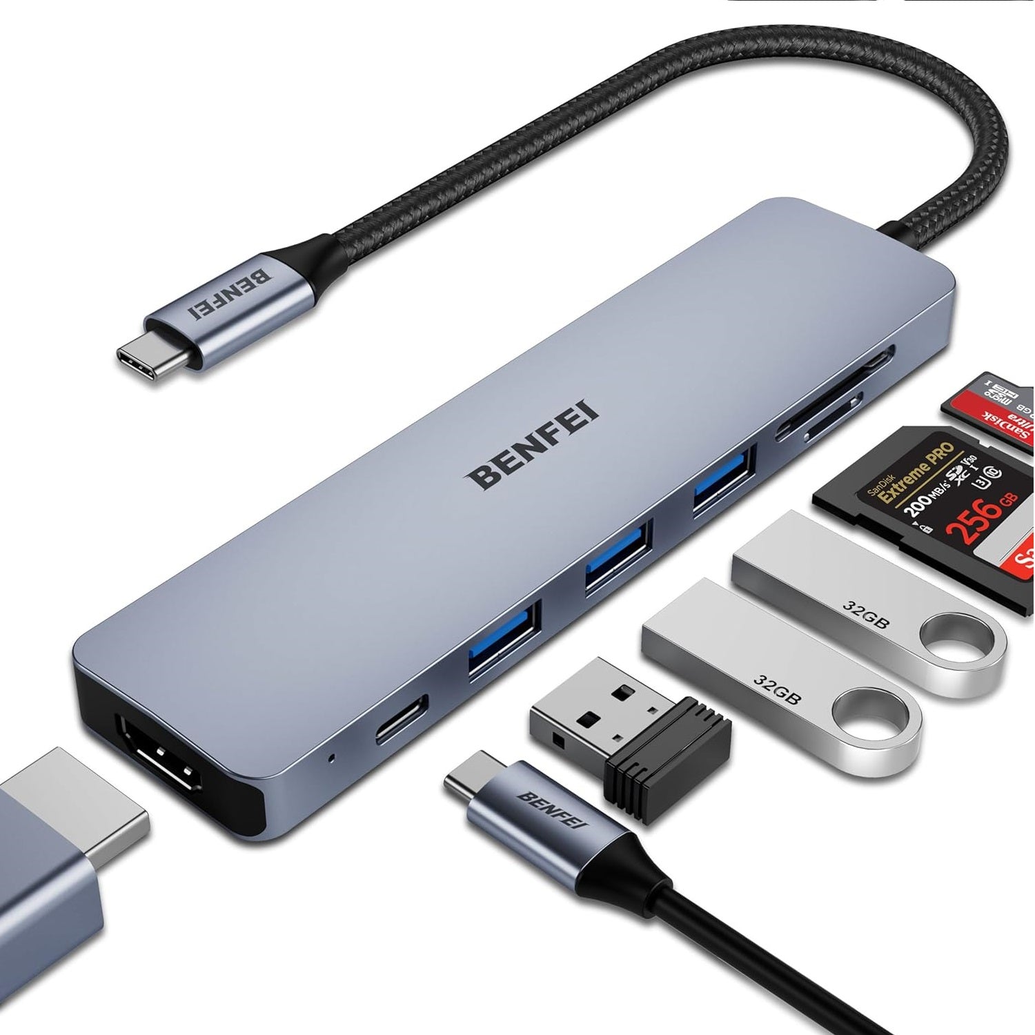 BENFEI adapter hub 7 in 1 USB C to 4K HDMI USB C 100W PD 3x USB A SD microSD gray