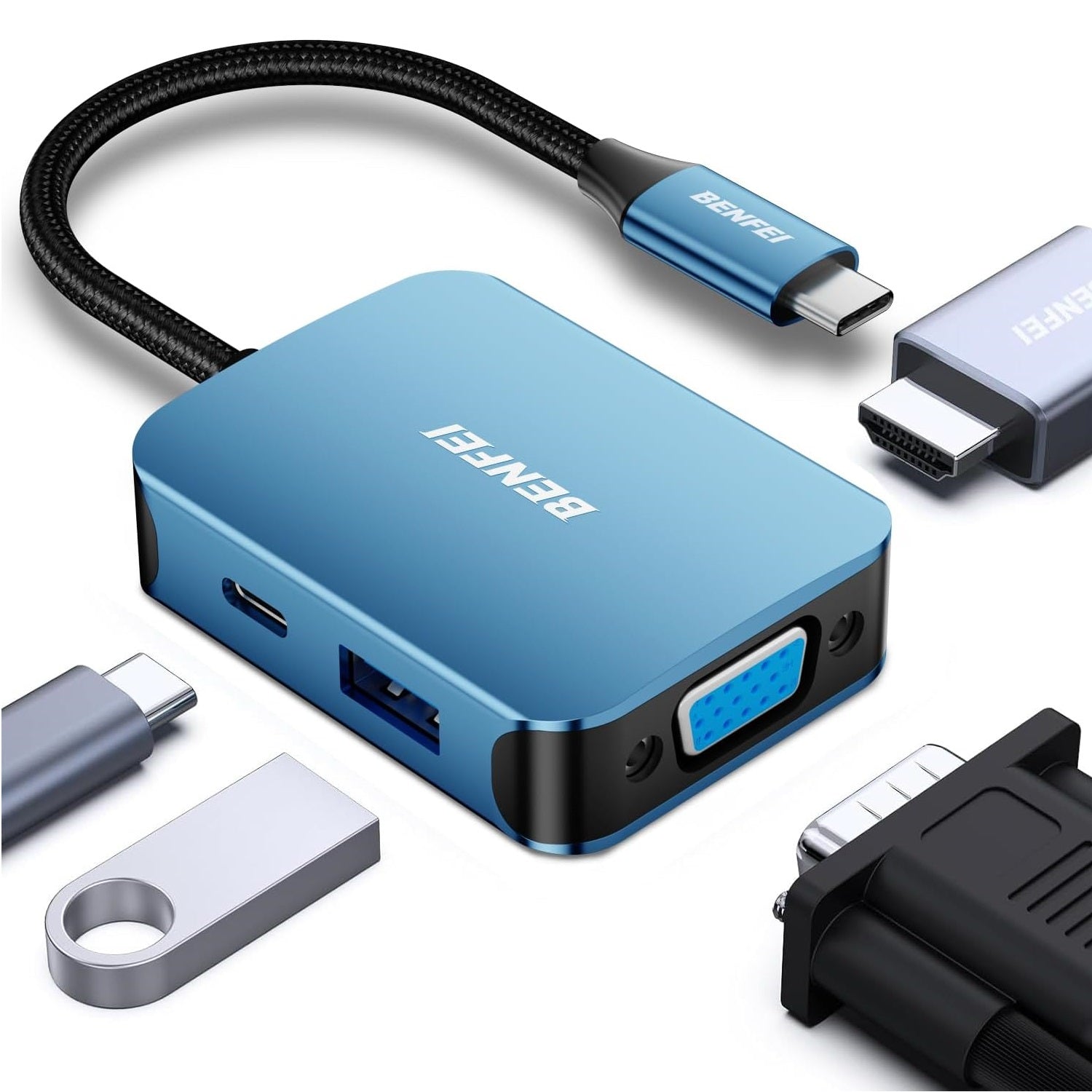BENFEI adapter hub 4 in 1 USB-C to 4K HDMI USB-C 1x USB A VGA blue