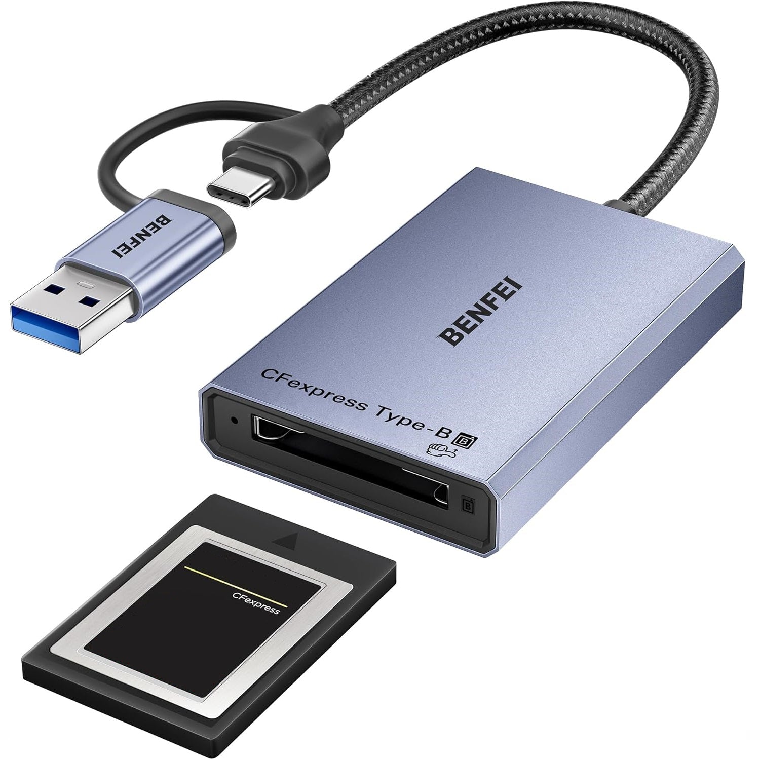 BENFEI card reader USB-C USB-A 3.2 Gen 2 for CFexpress Type B 10Gbps gray