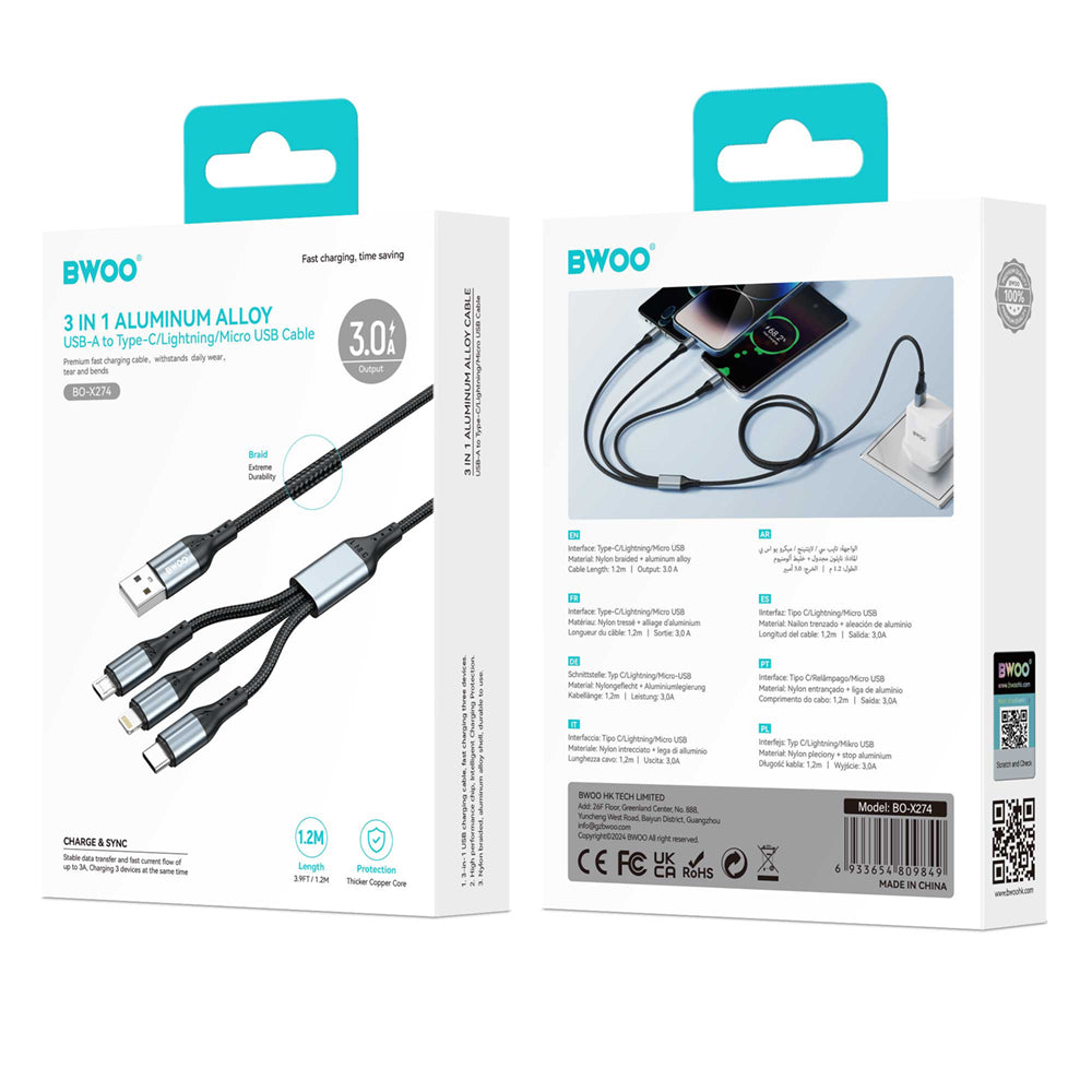 BWOO 3-in-1 Cable USB - USB-C, Lightning, Micro USB 1m 3A X274 black