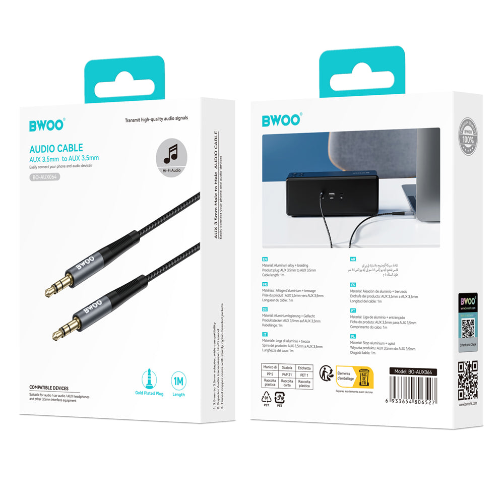 BWOO Cable AUX 3.5mm - 3.5mm Nylon Braided + Aluminum Alloy Shell BO-AUX064 black