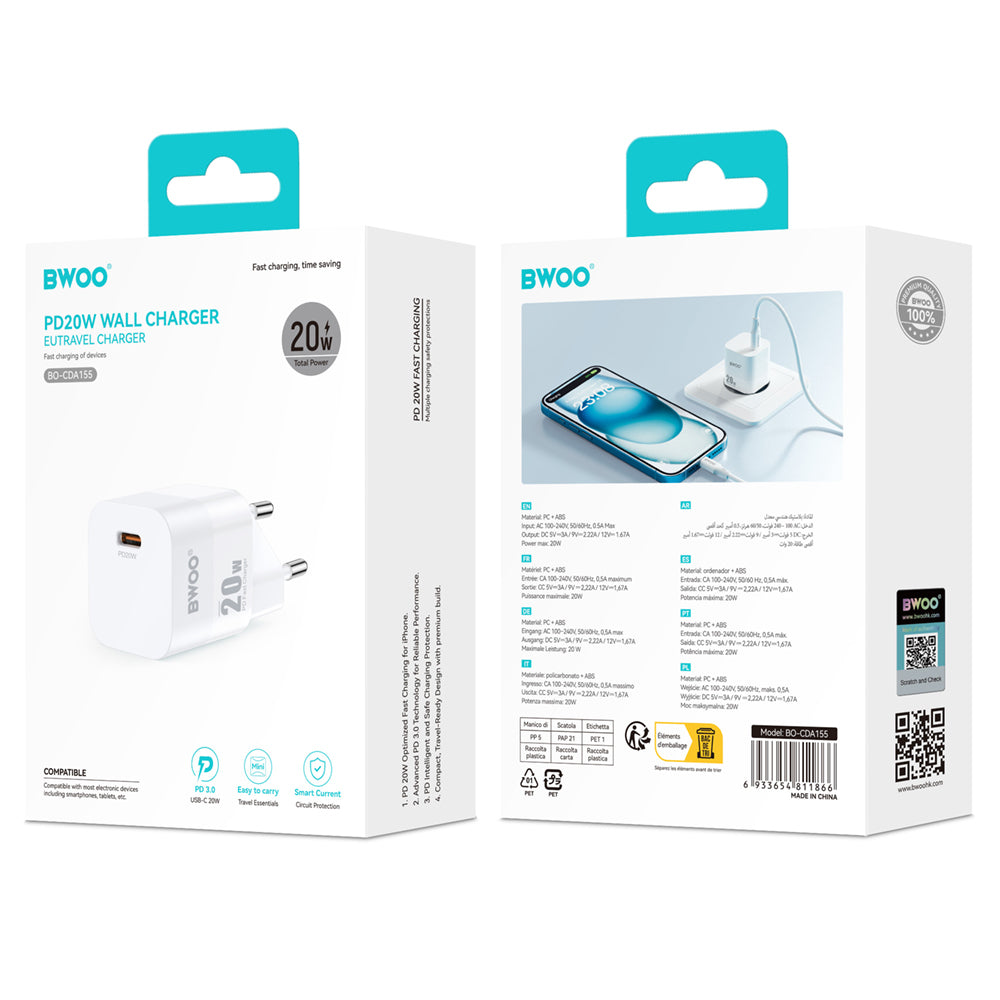 BWOO CDA155 PD wall charger 1x USB-C port 1A 20W white