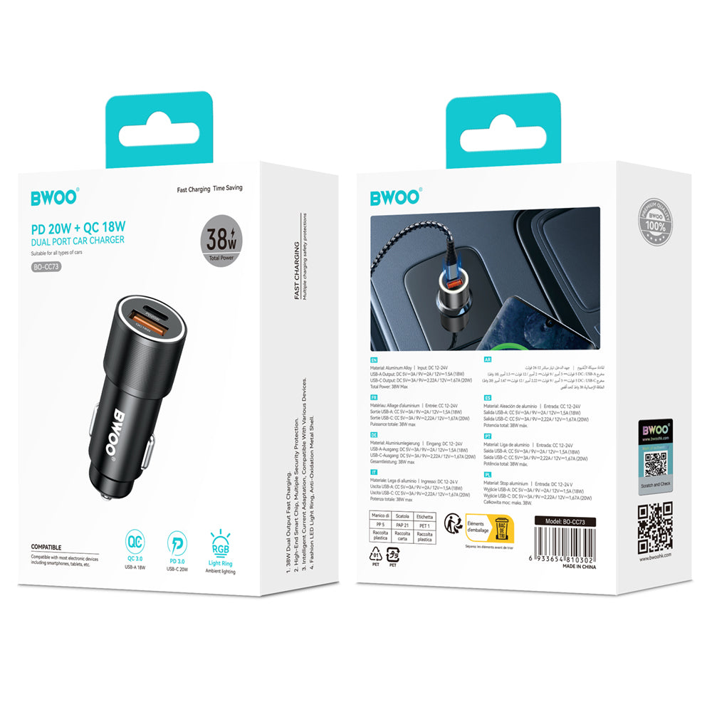 BWOO BO-CC73 PD car charger 1x USB-C - USB-A port 38W silver
