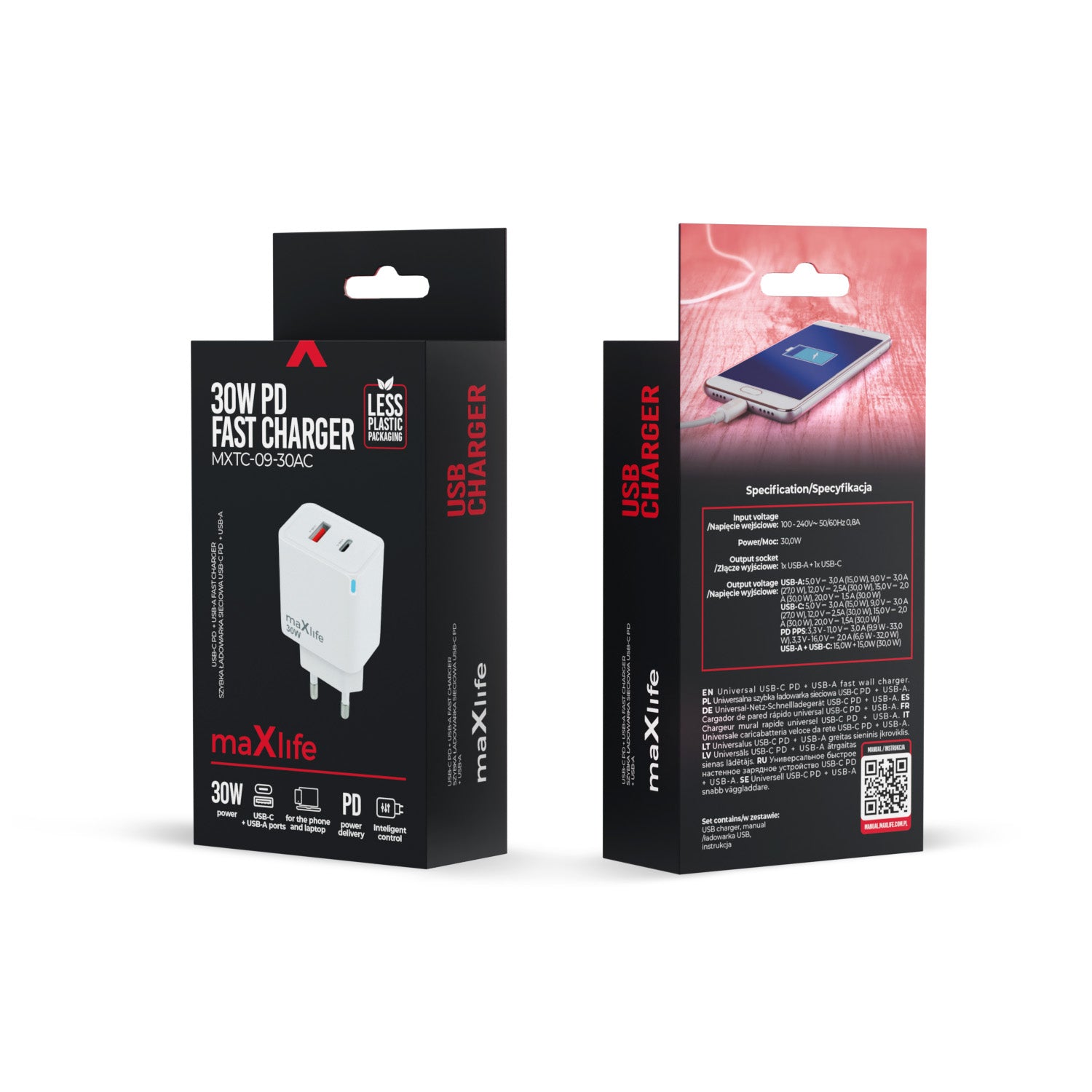 Maxlife MXTC-09-30AC GaN PD QC charger 1x USB-C 1x USB 30W white