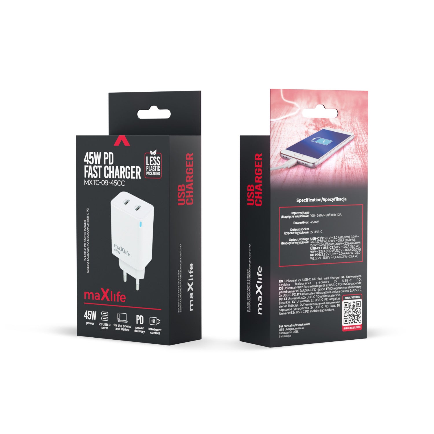 Maxlife MXTC-09-45CC GaN PD QC charger 2x USB-C 45W white