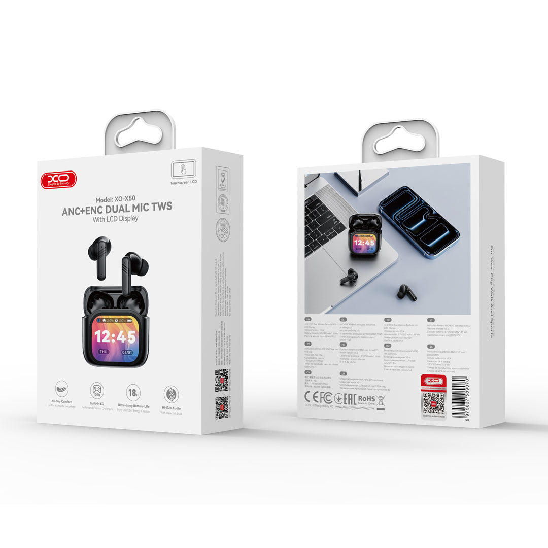 XO Bluetooth earphones X50 TWS LCD black ANC + ENC dual mic