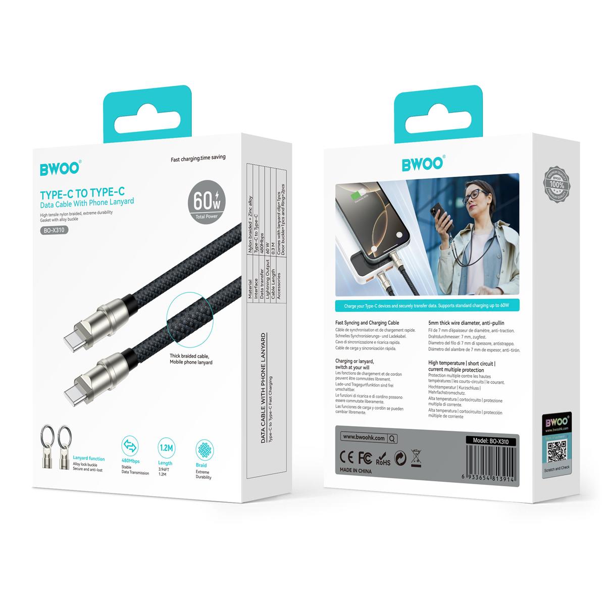 BWOO Lanyard Cable USB-C - USB-C 1.2m 60W with strap