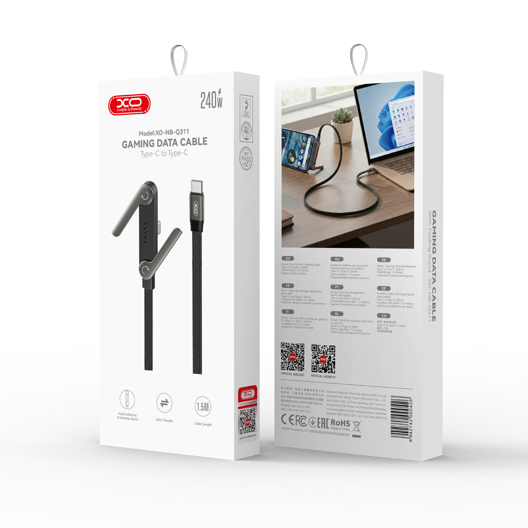 XO cable NB-Q311 PD USB-C - USB-C 1,5m 240W black flat with stand