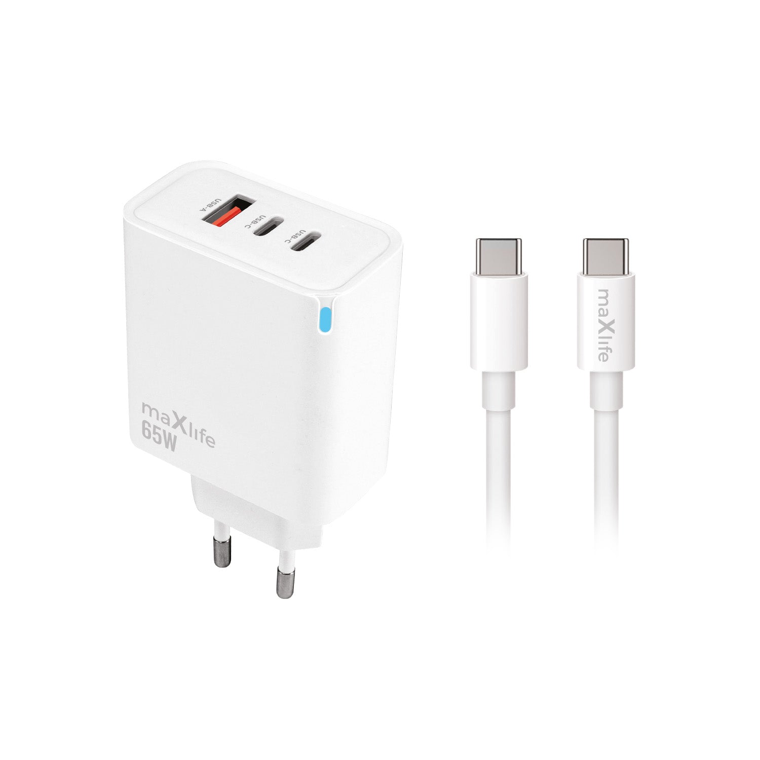 Maxlife MXTC-09-65ACC PD QC charger 2x USB-C 1x USB 65W white + USB-C - USB-C cable 2.0m 100W