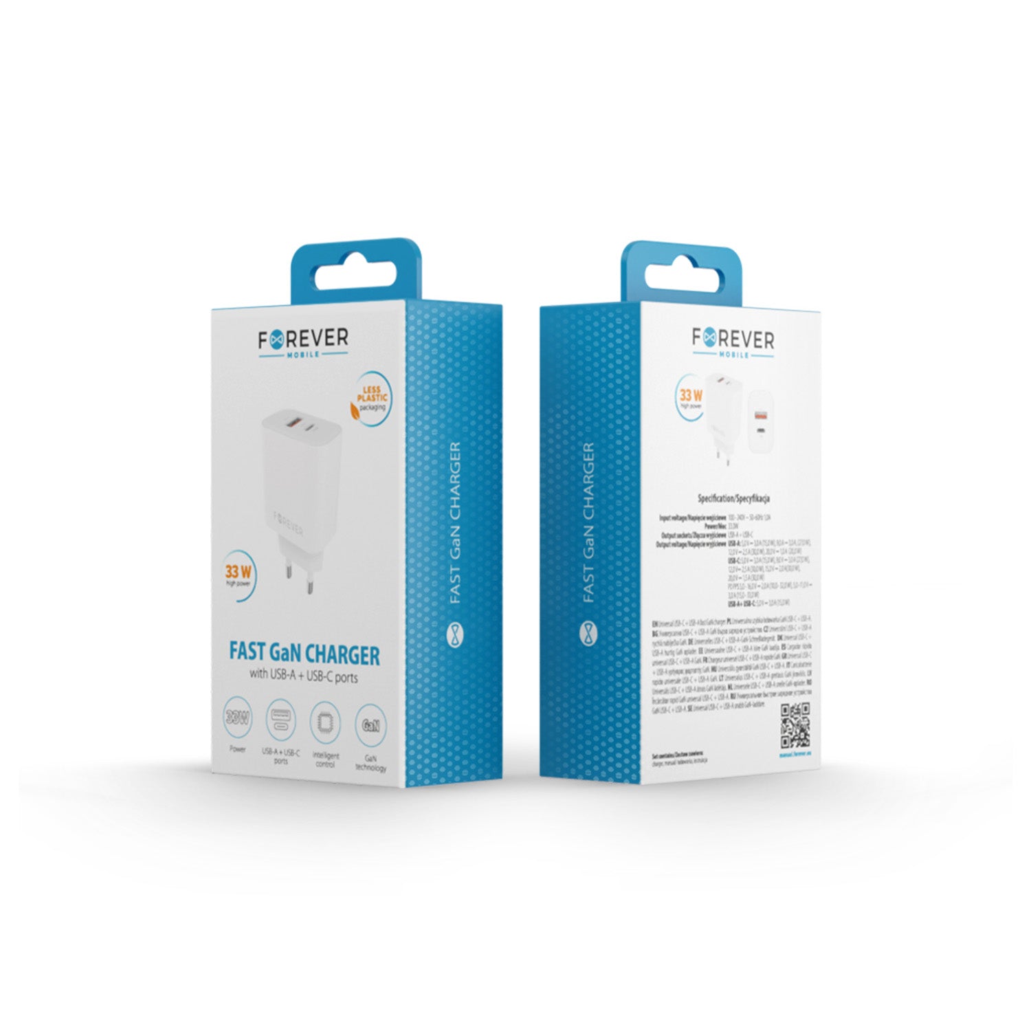 Forever TC-09-33AC GaN PD QC charger 1x USB-C 1x USB 33W white