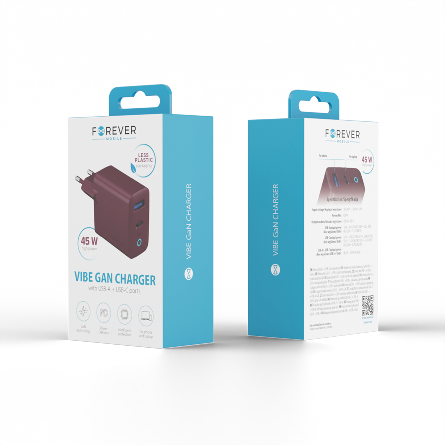 Forever Vibe-TC45AC GaN PD QC charger 1x USB-C 1x USB 45W dark cherry