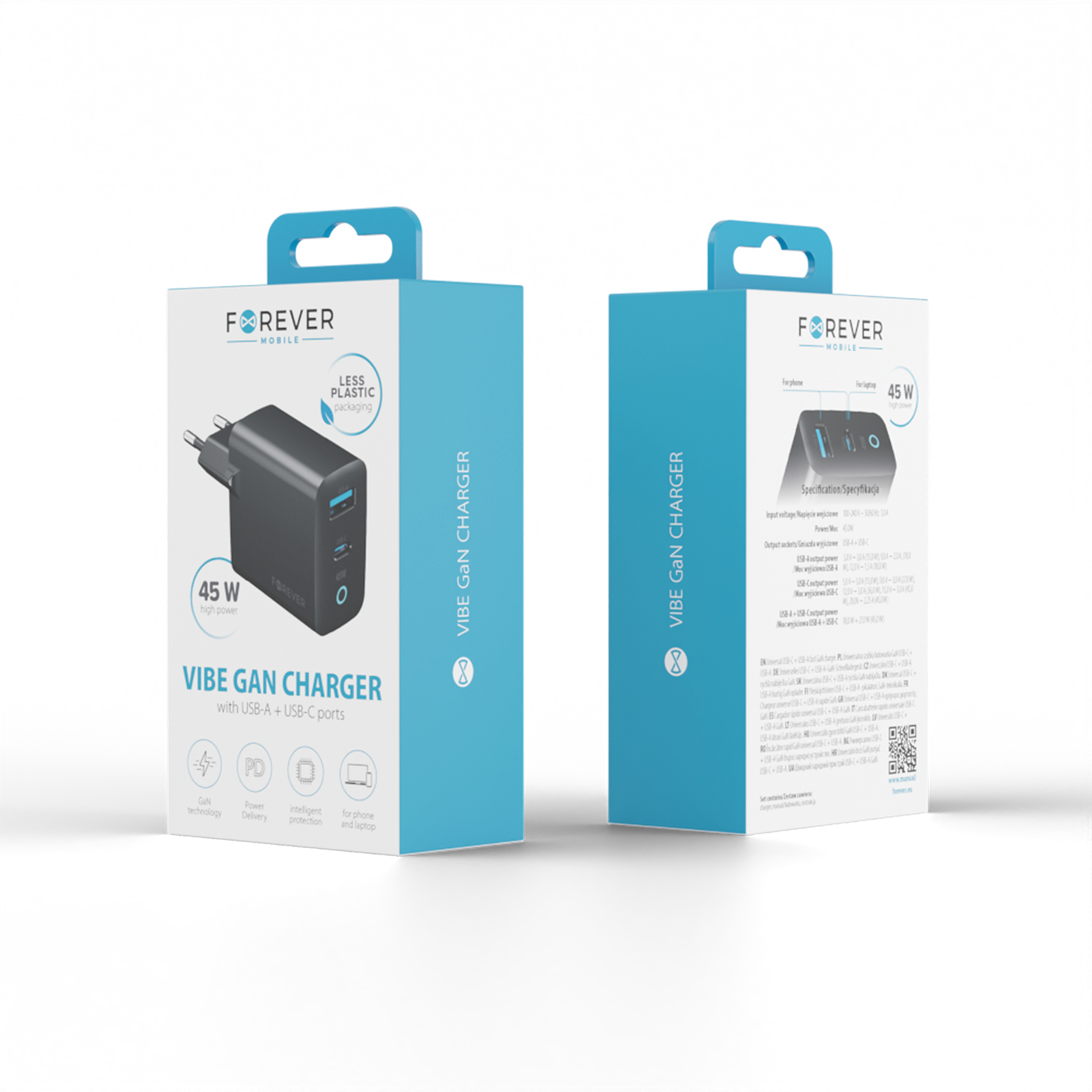 Forever Vibe-TC45AC GaN PD QC charger 1x USB-C 1x USB 45W dark grey