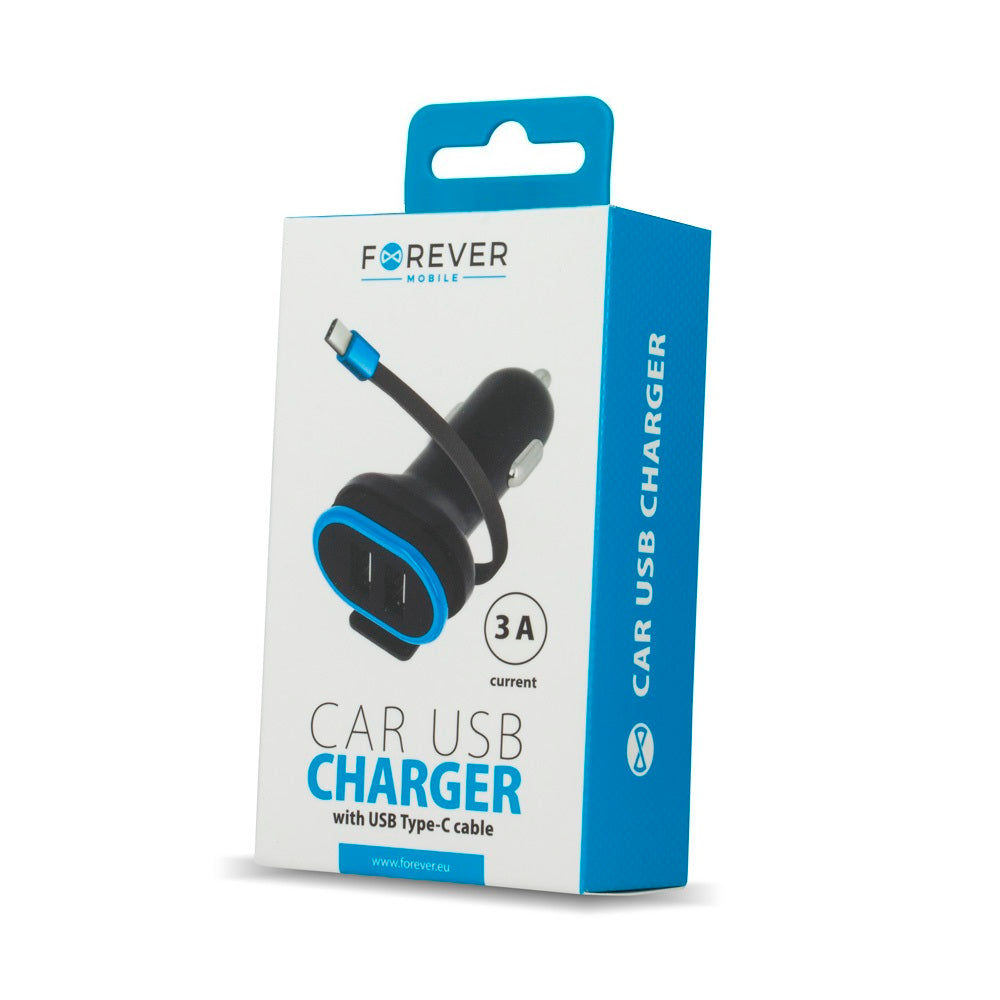 Chargeur voiture Forever CC-02 — 2 ports USB 3A + câble USB-C 0,2 m