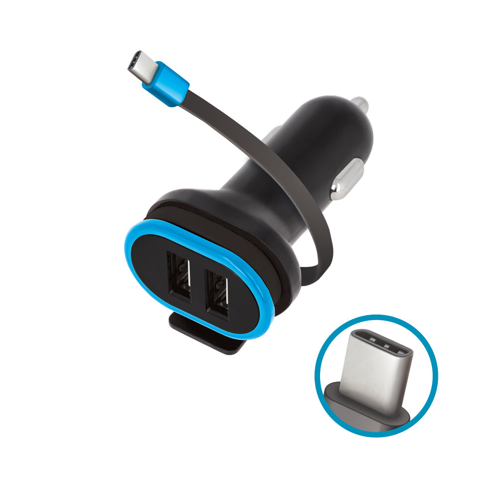Chargeur voiture Forever CC-02 — 2 ports USB 3A + câble USB-C 0,2 m