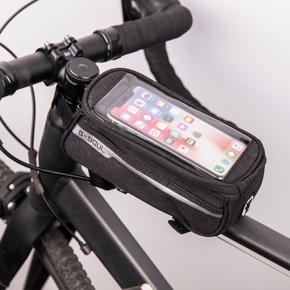 Waterproof bike frame bag with phone holder black