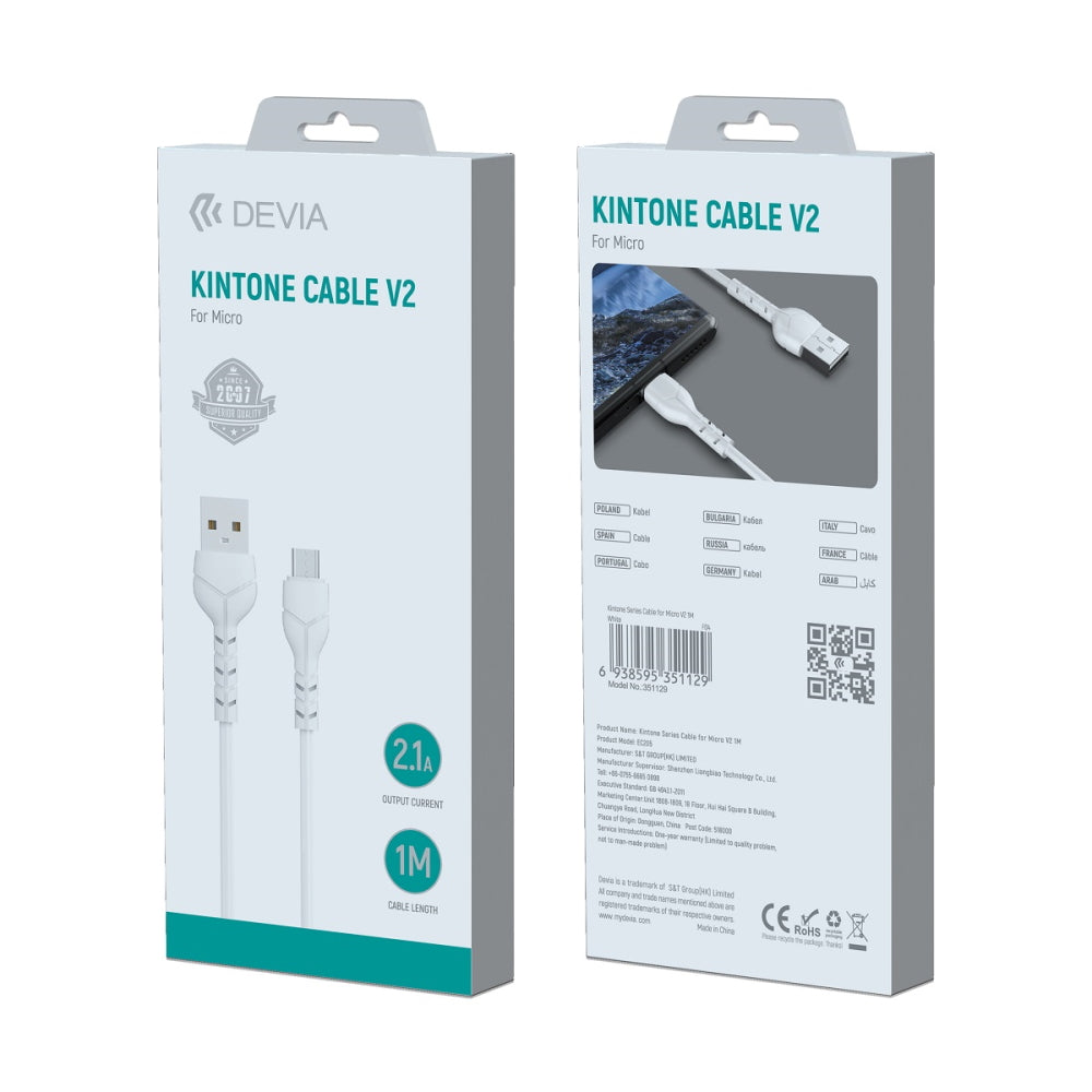Devia cable Kintone EC144 USB - MicroUSB 1,0 m 2,1A white